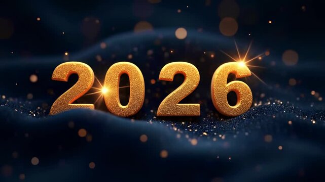 Elegant 2026 New Year: Gold Glitter Text on Dark Blue Wavy Fabric Background with Sparkle. Luxury Holiday Celebration Animation, Festive Greeting, 4K Seamless Loop.