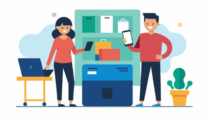 Discount Section The couple stands excitedly in front of a clearance rack filled with various electronics scanning items with a mobile app for deals.