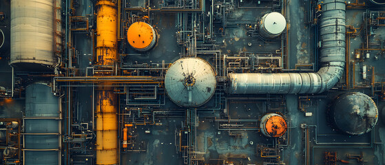 Aerial drone view of an intricate sewage and wastewater management infrastructure system showcasing the complex network of pipes tanks