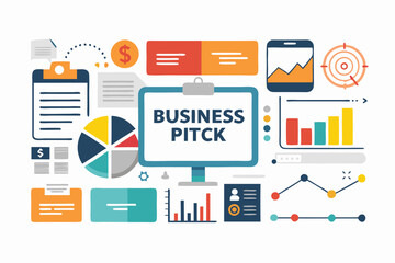 Colorful vector illustration of a business pitch concept depicting data charts and financial elements against a white background