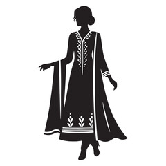 Black-and-white representation of salwar kameez in silhouette – salwar kameez silhouette – salwar kameez vector – salwar kameez illustration – ladies dress silhouette – silhouette of salwar kameez


