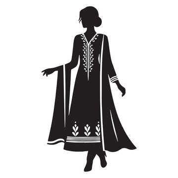 Black-and-white representation of salwar kameez in silhouette &ndash; salwar kameez silhouette &ndash; salwar kameez vector &ndash; salwar kameez illustration &ndash; ladies dress silhouette &ndash; silhouette of salwar kameez

