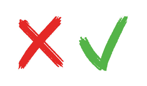 grunge hand drawn with brush strokes cross x and tick OK check marks. red cross and green check mark isolated on white background.