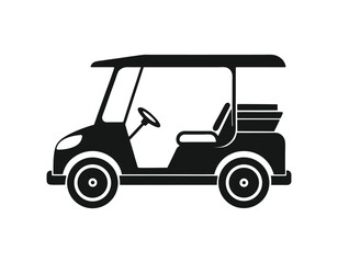 golf cart icon in black, a simple silhouette of a two-seater vehicle. ideal for golf course maps, sports graphics, or transportation-related designs.