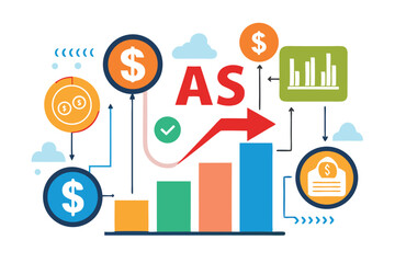 Financial concept with dollar symbols and business charts illustrated in a colorful diagram representing growth and profitability with transparency.