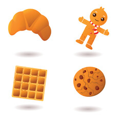 Set of different delicious pastry desserts. Tasty fresh croissant, waffle, chocolate cookie, gingerbread man. Vector illustration of pastry isolated on white 
background