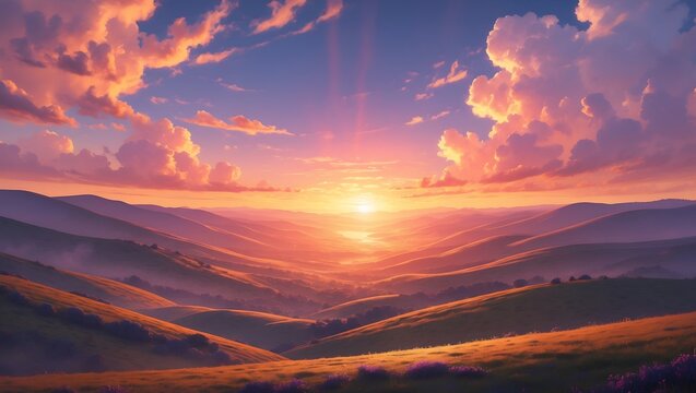 Serene sunset over rolling hills and valley