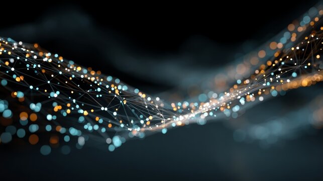 Abstract Glowing Blue Particles with Light Trails in Dark Space