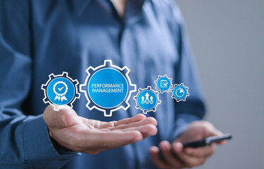 Performance management efficiency improvement business concept. Businessman showing performance...