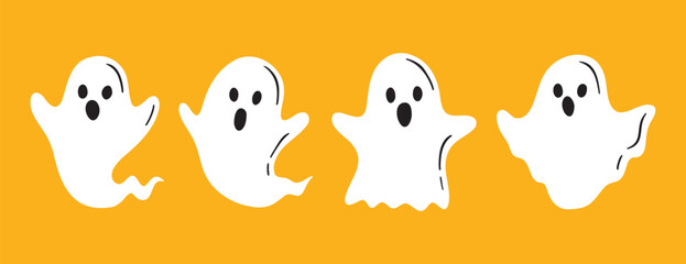 Obraz premium Simple cute halloween ghost set. Flat ghost hand drawn phantom poster, invitation, cover on an orange background