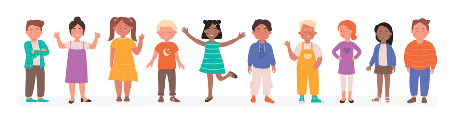 Happy diverse kids vector illustration. Cartoon flat child characters group of different race smiling, preschool or school small boy and girl standing together in line, children set isolated on white