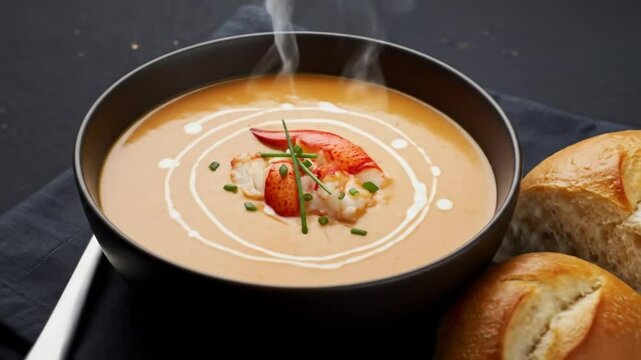 A steaming bowl of rich, creamy lobster bisque soup, swirled with cream and garnished with lobster meat and chives, placed on a dark, textured placemat next to a crusty bread roll, soft overhead light