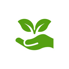 This icon features a hand cradling vibrant green leaves, symbolizing our collective care for nature and commitment to ecological sustainability and the wellbeing of all living things on Earth