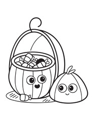 Cute Halloween Bats and Treats Coloring Pages – Kawaii Vector Line Art Collection for Kids