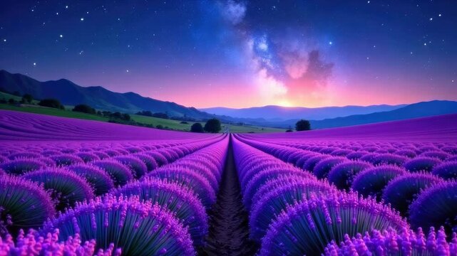 Night sky space Timelapse of Moving Stars and Perseides above old ancient building in Lavender field - Provence Nature landscape background