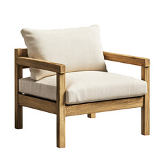 A simple sofa made of wood with comfortable seats, a wooden sofa chair with a fabric seat, a simple fabric sofa chair on a wooden frame, on a transparent backgrounds