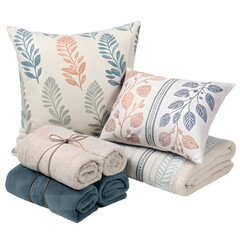 Cozy home textile set with leaf prints isolated on transparent background