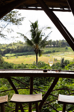 Cocktail with ice in a wine glass served with a dish of peanuts next to tortoise shell sunglasses with view of rice paddies in an open-air structure in Bali, Indonesia. 