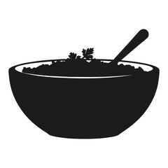 Black and white bowl of soup vector illustration food and drink kitchenware with spoon and garnish design