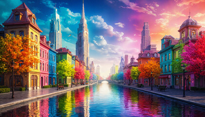 Fototapeta premium Colorful cityscape with vibrant buildings and reflection in water 