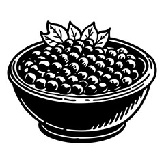 Black and white bowl of berries with leaves illustration vector graphic design image art drawing