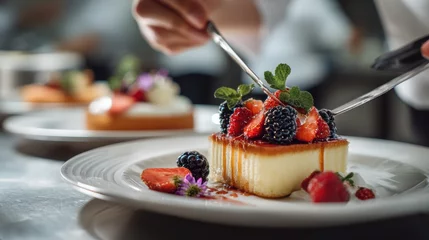 Wandcirkels Restaurant Close up berry dessert is presented a visual work of art, crafted with care and attention to detail. The exclusive dining.  © Sun