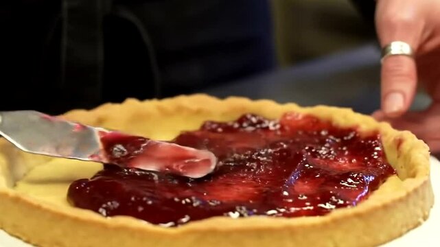 AI-Generated cherry tart preparation with jam spreading on pastry crust 4k video