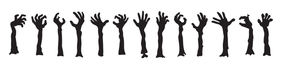 Zombie hands silhouettes. Halloween decor. Set doodle zombie hand