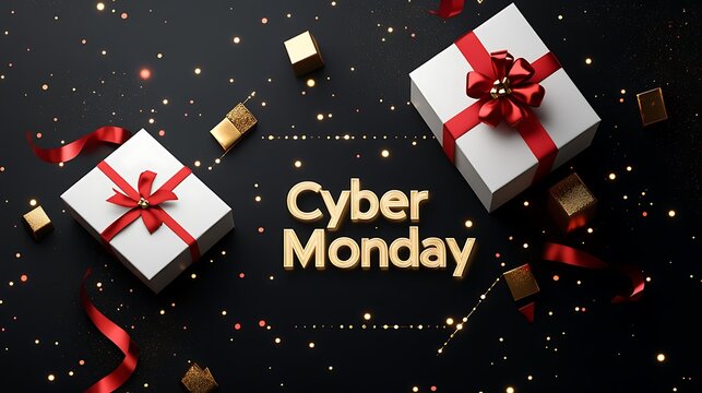 Gift boxes with red ribbon and cyber monday text on a black background.