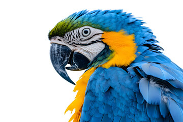 Fototapeta premium A vibrant blue macaw with bright yellow feathers, perched gracefully against a clean white background