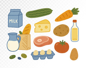 Vegetable and Dairy Set for Healthy Summer Themes in Bright Colors for Kitchen Decor. Watercolor.  Vector Illustration.