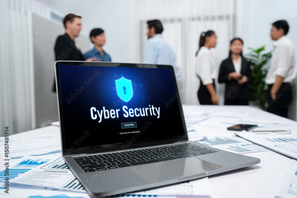 Poster Cyber security system on computer screen protect private information brisk from hacker and cyber attack