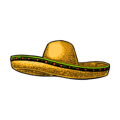 Sombrero. Vintage color engraving illustration. Isolated on white background. Hand drawn design element for label and poster