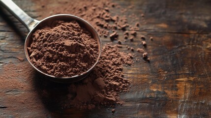 Scoop of Chocolate Protein Powder on Rustic Wooden Background