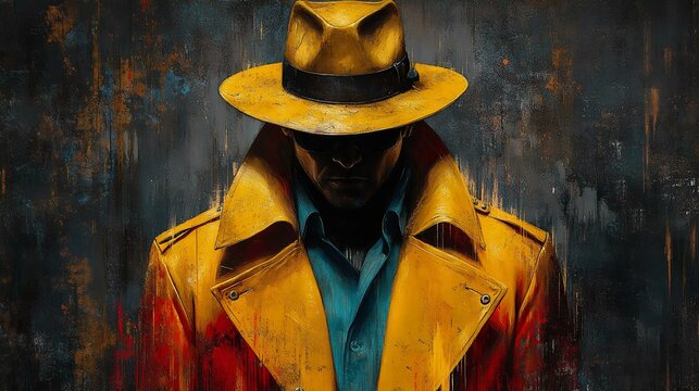 A mysterious figure in a bright yellow trench coat and hat, exuding an aura of intrigue and suspense against a textured dark background.