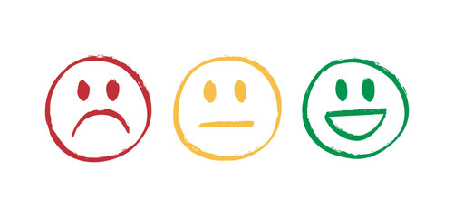 mood set doodle hand drawn faces icon collection. Sad, indifferent and happy emotions. Good, regular and bad rating