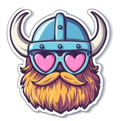 Naklejka premium Viking Cartoon Character Illustration: Quirky, Colorful, and Playful Fantasy Mascot with Beard and Heart Glasses