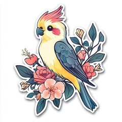 Obraz premium Colorful Cockatiel Illustration: Vibrant Pet Artwork in Nature's Floral and Whimsical Design - Cheerful Decorative Vector Art for Nature Lovers and Exotic Fauna Enthusiasts