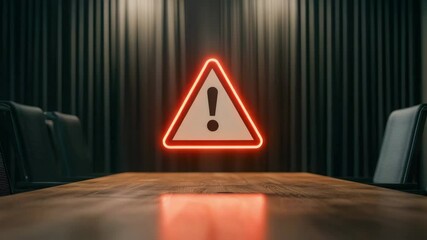 A glowing warning sign in a dimly lit room, suggesting caution and alertness, with a wooden table and dark curtains in the background. - Powered by Adobe