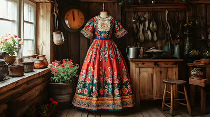 Elegant Hungarian Matyo folk dress with vibrant floral embroidery displayed in rustic wooden room historic craftsmanship