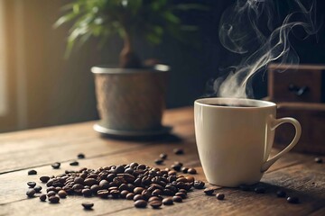 Steaming coffee cup with roasted beans on wooden table