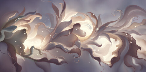 The delicate drawing of an abstract plant is made in soft pastel tones with elements of light particles and light