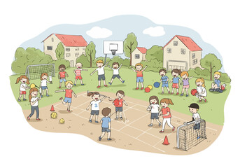 Fototapeta premium Children joyfully play sports outdoors in a vibrant neighborhood scene. Focus on freedom, fun, and childhood activity. Bright colors and a playful composition.