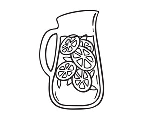 glass jug with lemonade. fresh lemon drink icon doodle hand drawn. Outline lemonade line drawing clipart symbol