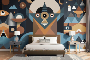 Modern 3D abstract mural with geometric black and brown shapes, ideal for bedroom décor and carpet design