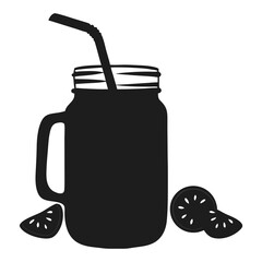 Obraz premium Black silhouette mason jar with straw and citrus fruit for drink design and summer refreshment icon