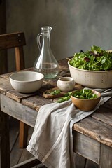Rustic table setting with fresh green salad and herbs