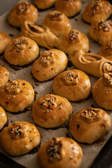 Ruddy homemade little pies sprinkled with sesame seeds on top