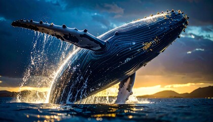 Fototapeta premium Humpback Whale Breaching Dramatically at Sunset in the Ocean