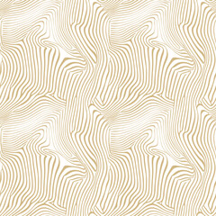 Obraz premium Vector seamless pattern with organic shapes, liquid lines. Abstract gold and white texture with fingerprint line, rippled distorted surface, illusion of movement. Trendy background. Repeating design
